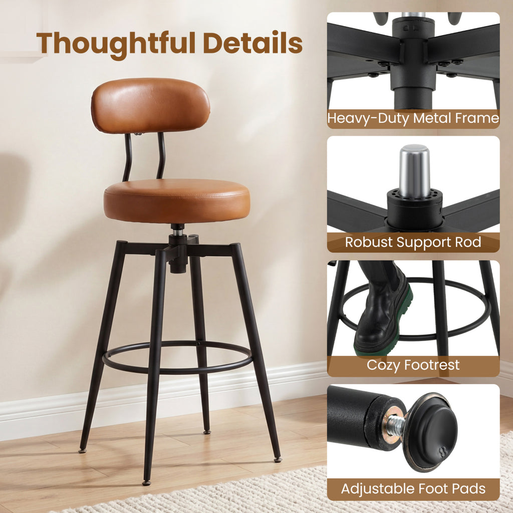 Set of 2 Swivel Barstools Faux Leather with Upholstered Seat and Back-Brown