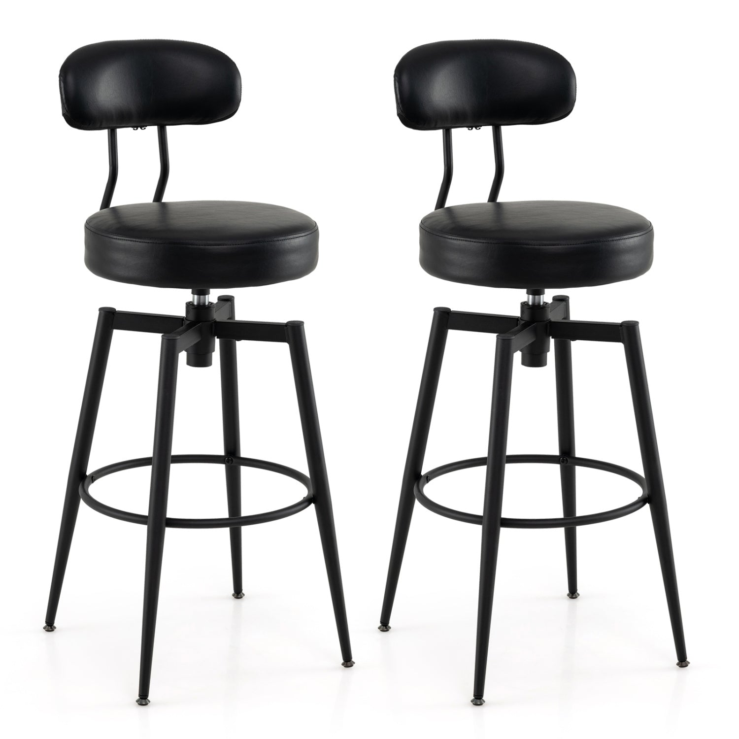 Set of 2 Swivel Barstools Faux Leather with Upholstered Seat and Back-Black