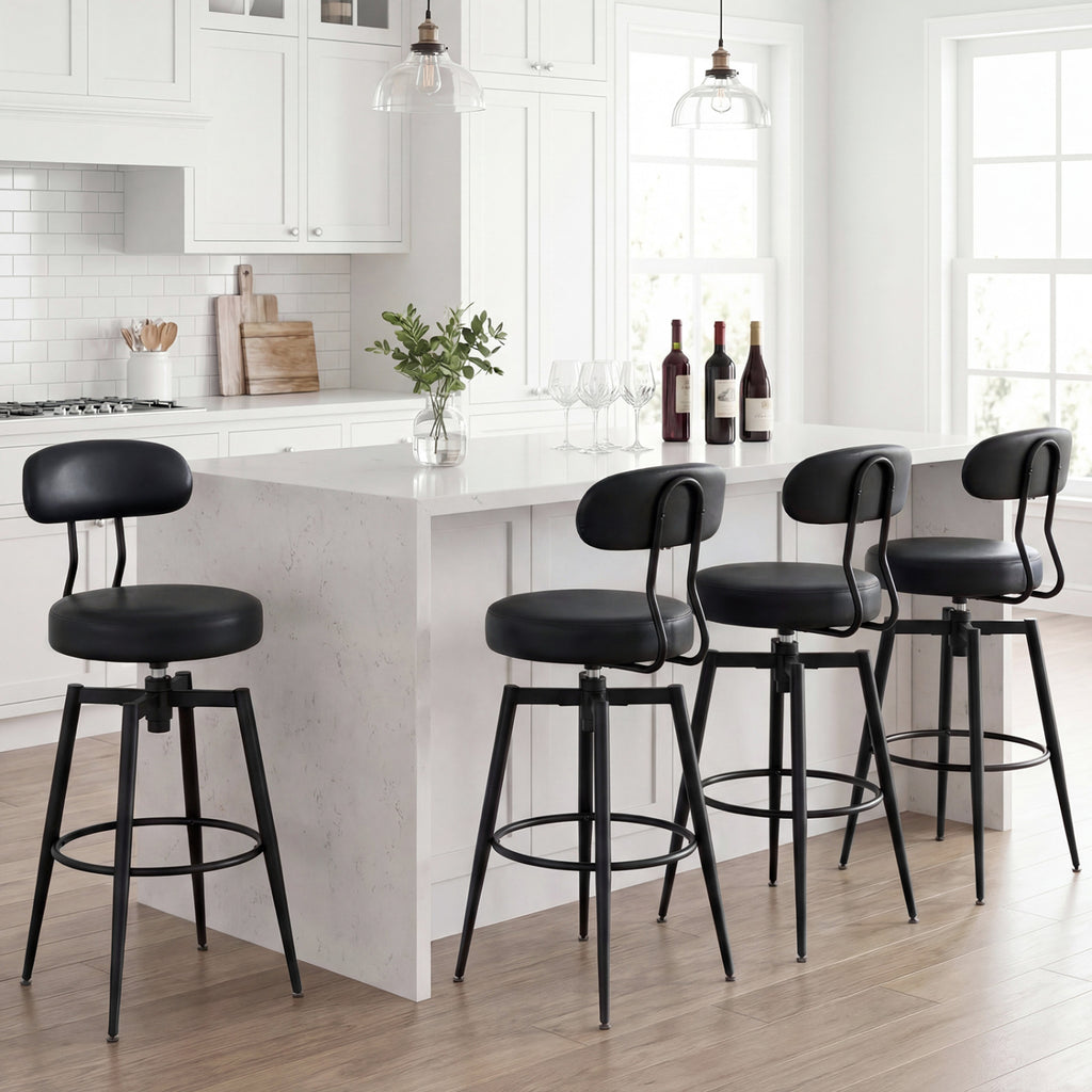 Set of 2 Swivel Barstools Faux Leather with Upholstered Seat and Back-Black