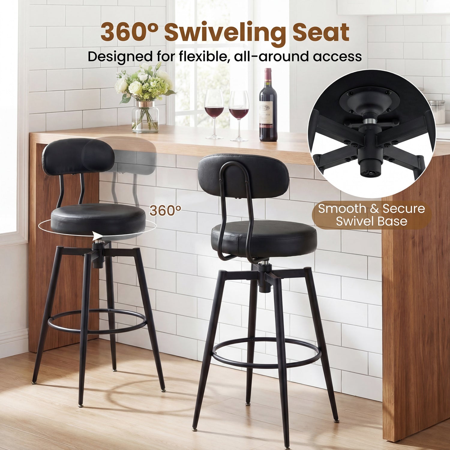 Set of 2 Swivel Barstools Faux Leather with Upholstered Seat and Back-Black
