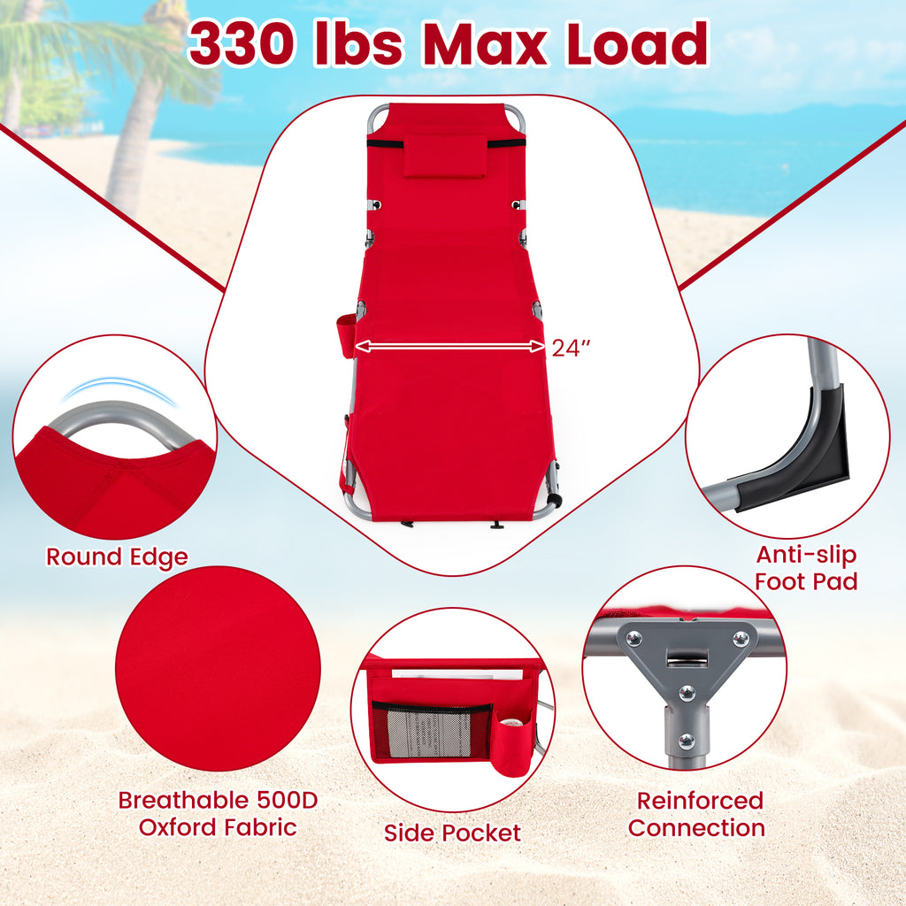 Lot de 2 chaises longues de bronzage portables avec trous pour les bras et le visage, dossier réglable sur 4 niveaux, rouge