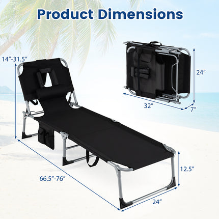 Set of 2 Tanning Chair Portable Chaise Lounge Chair with 4-Position Adjustable Backrest-Black