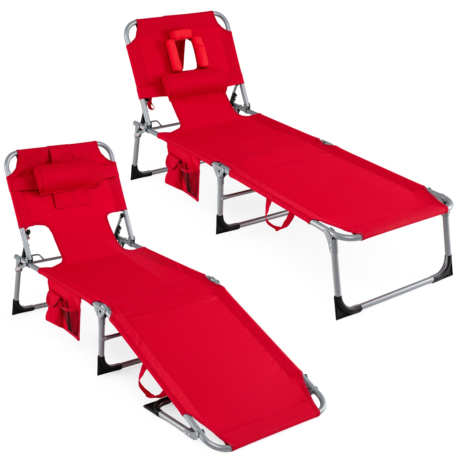 Lot de 2 chaises longues portables avec dossier réglable sur 4 positions - Rouge