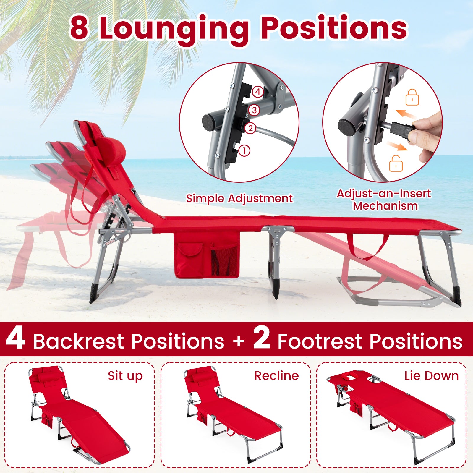Lot de 2 chaises longues portables avec dossier réglable sur 4 positions - Rouge