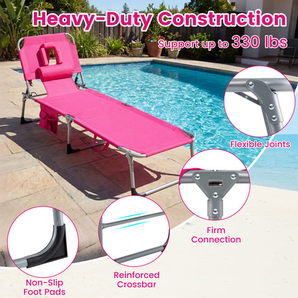 Set of 2 Tanning Chair Portable Chaise Lounge Chair with 4-Position Adjustable Backrest-Pink