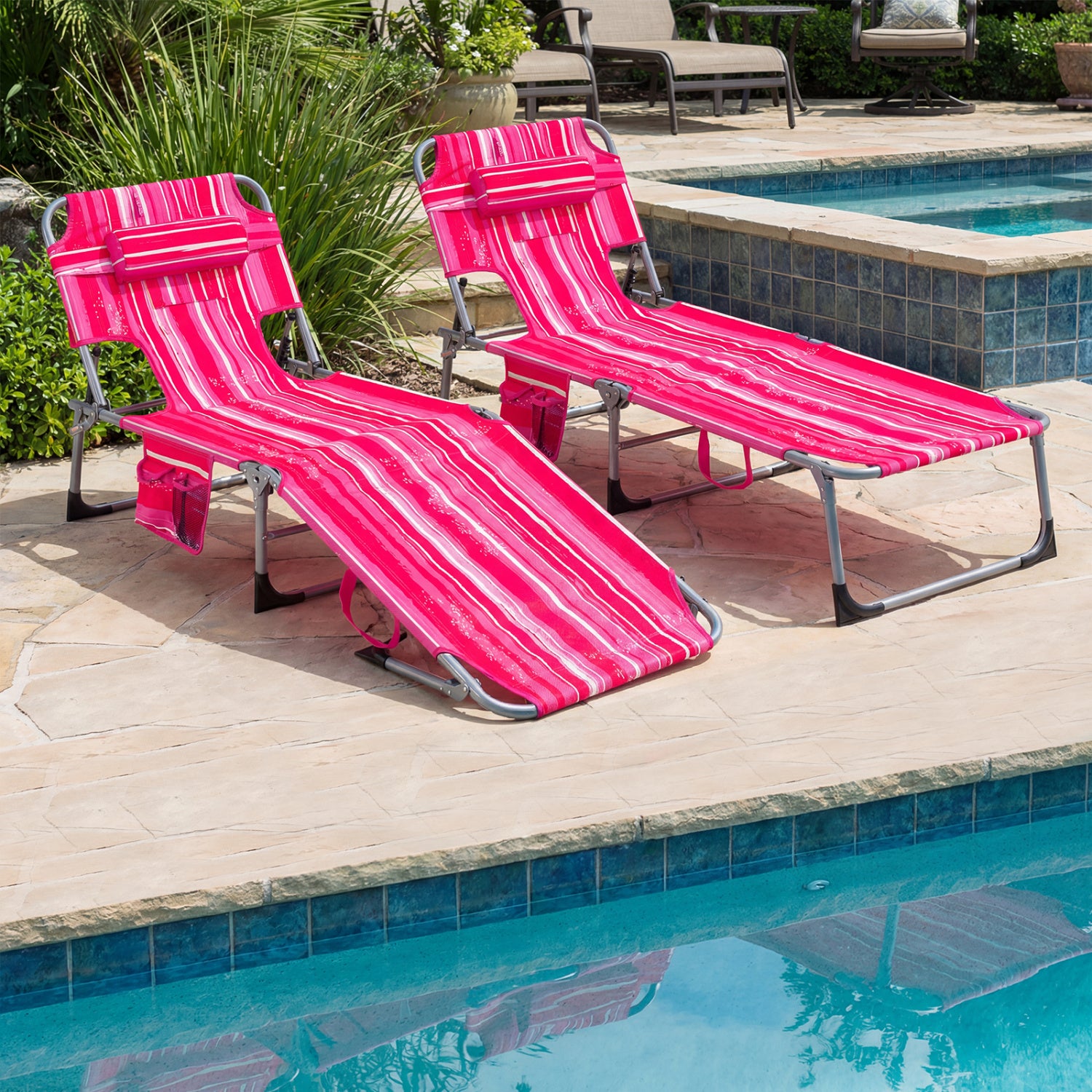 Lot de 2 chaises longues de bronzage portables avec dossier réglable sur 4 positions – Rayures roses