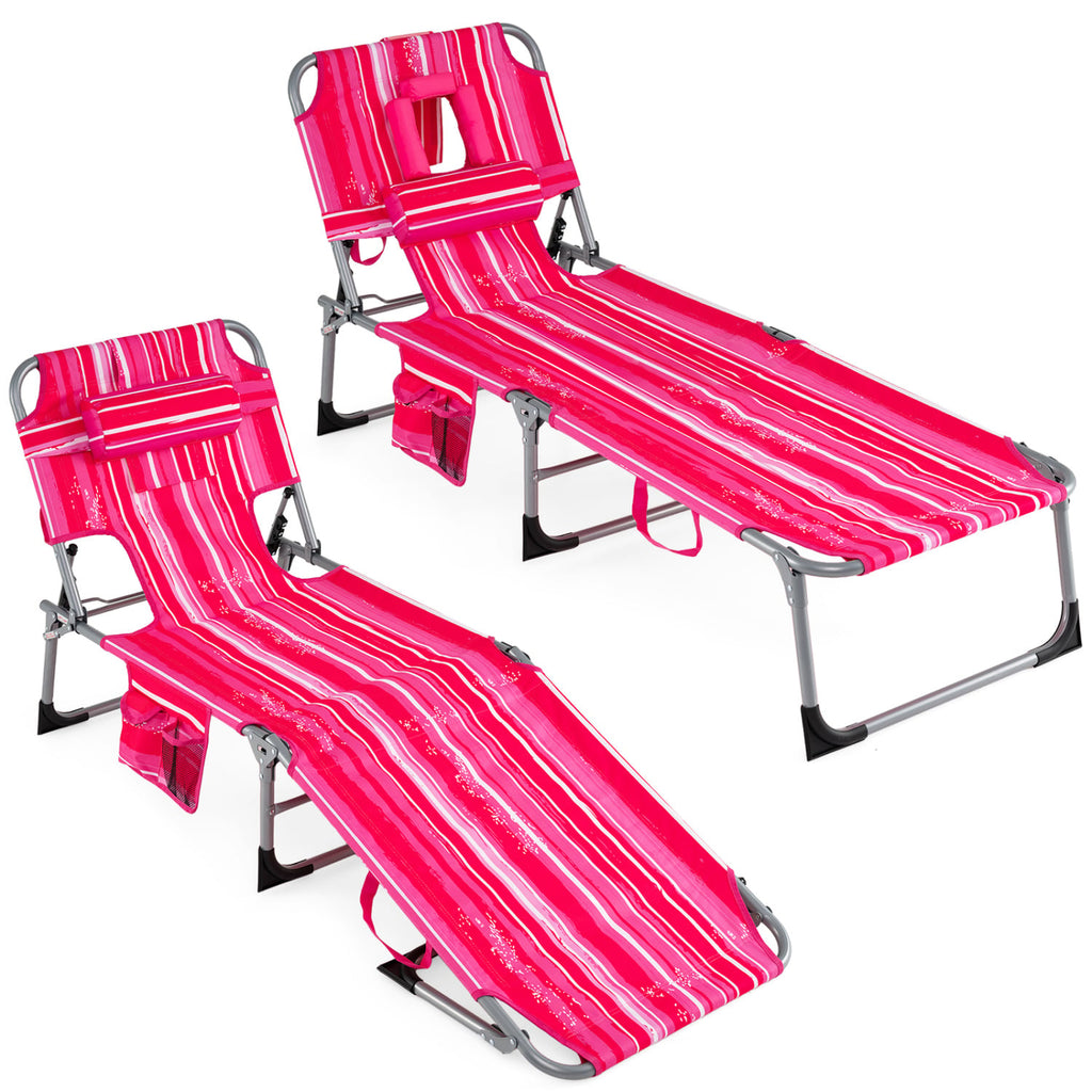Lot de 2 chaises longues de bronzage portables avec dossier réglable sur 4 positions – Rayures roses