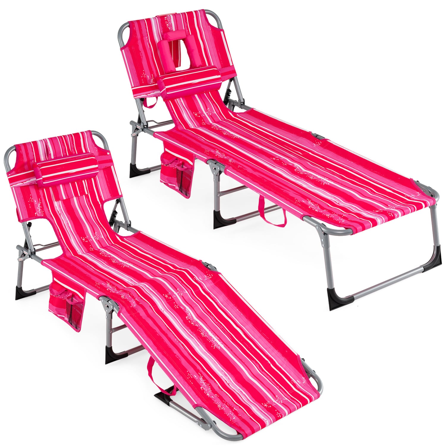 Lot de 2 chaises longues de bronzage portables avec dossier réglable sur 4 positions – Rayures roses