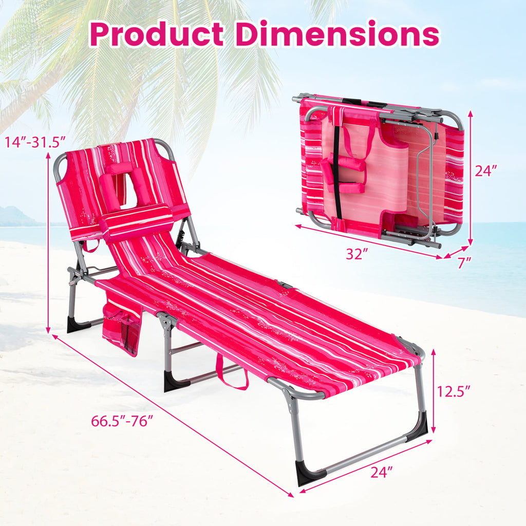 Lot de 2 chaises longues de bronzage portables avec dossier réglable sur 4 positions – Rayures roses