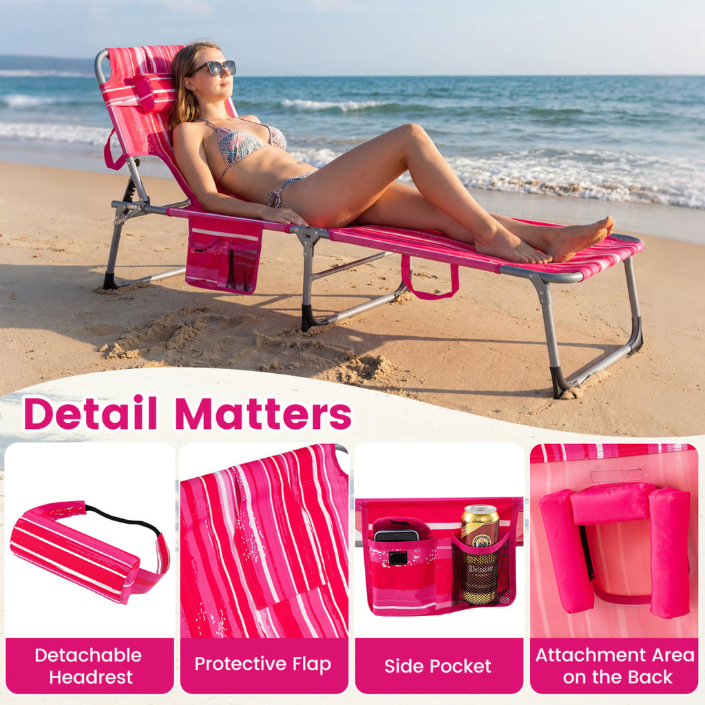 Lot de 2 chaises longues de bronzage portables avec dossier réglable sur 4 positions – Rayures roses