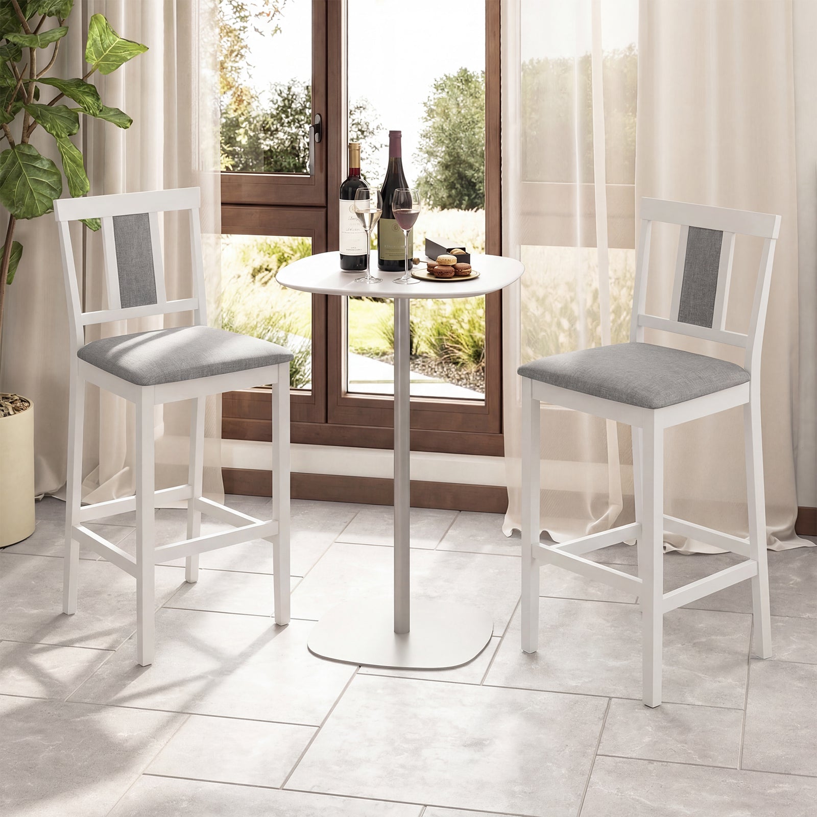 Set of 2 Upholstered Barstool 29.5 Inch Bar Height with Solid Rubber Wood Frame-White
