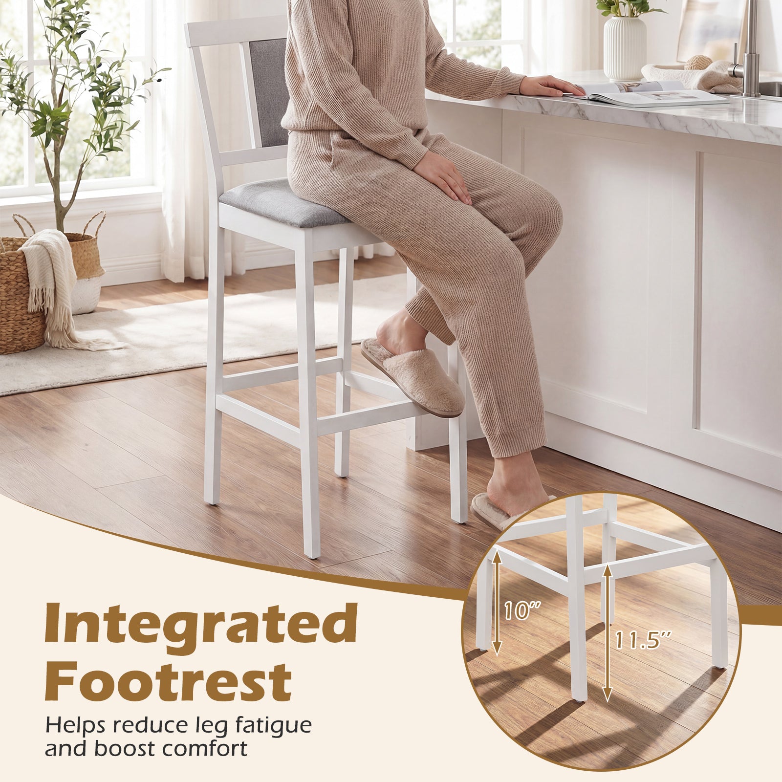 Set of 2 Upholstered Barstool 29.5 Inch Bar Height with Solid Rubber Wood Frame-White