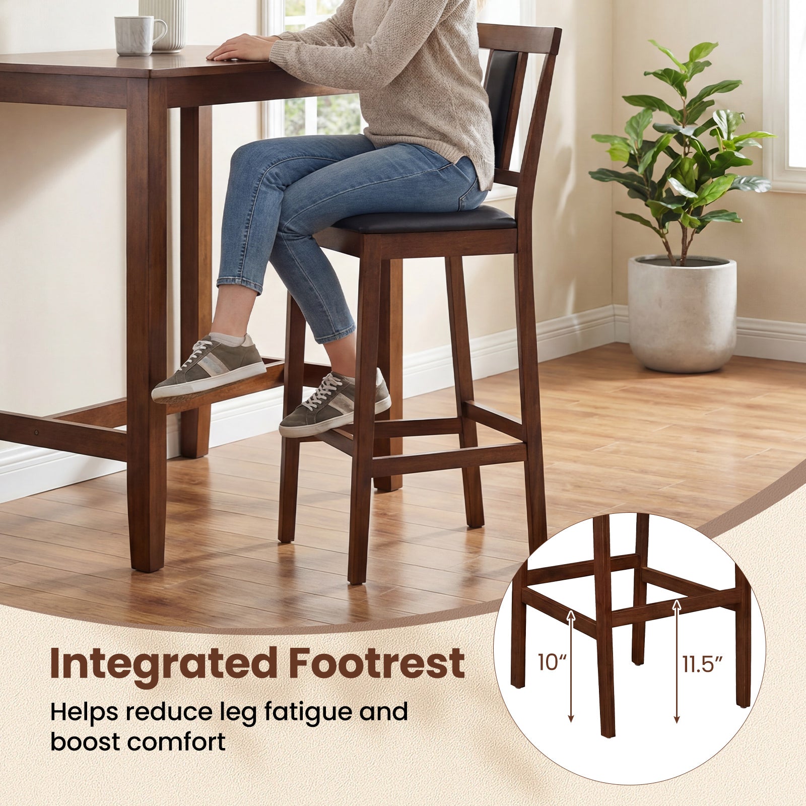 Set of 2 Upholstered Barstool 29.5 Inch Bar Height with Solid Rubber Wood Frame-Walnut