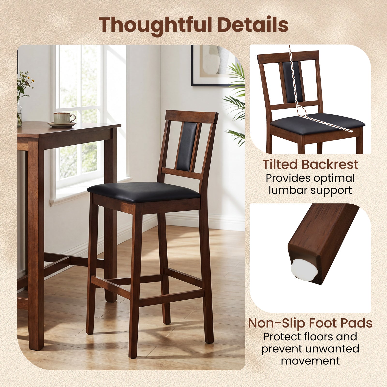Set of 2 Upholstered Barstool 29.5 Inch Bar Height with Solid Rubber Wood Frame-Walnut