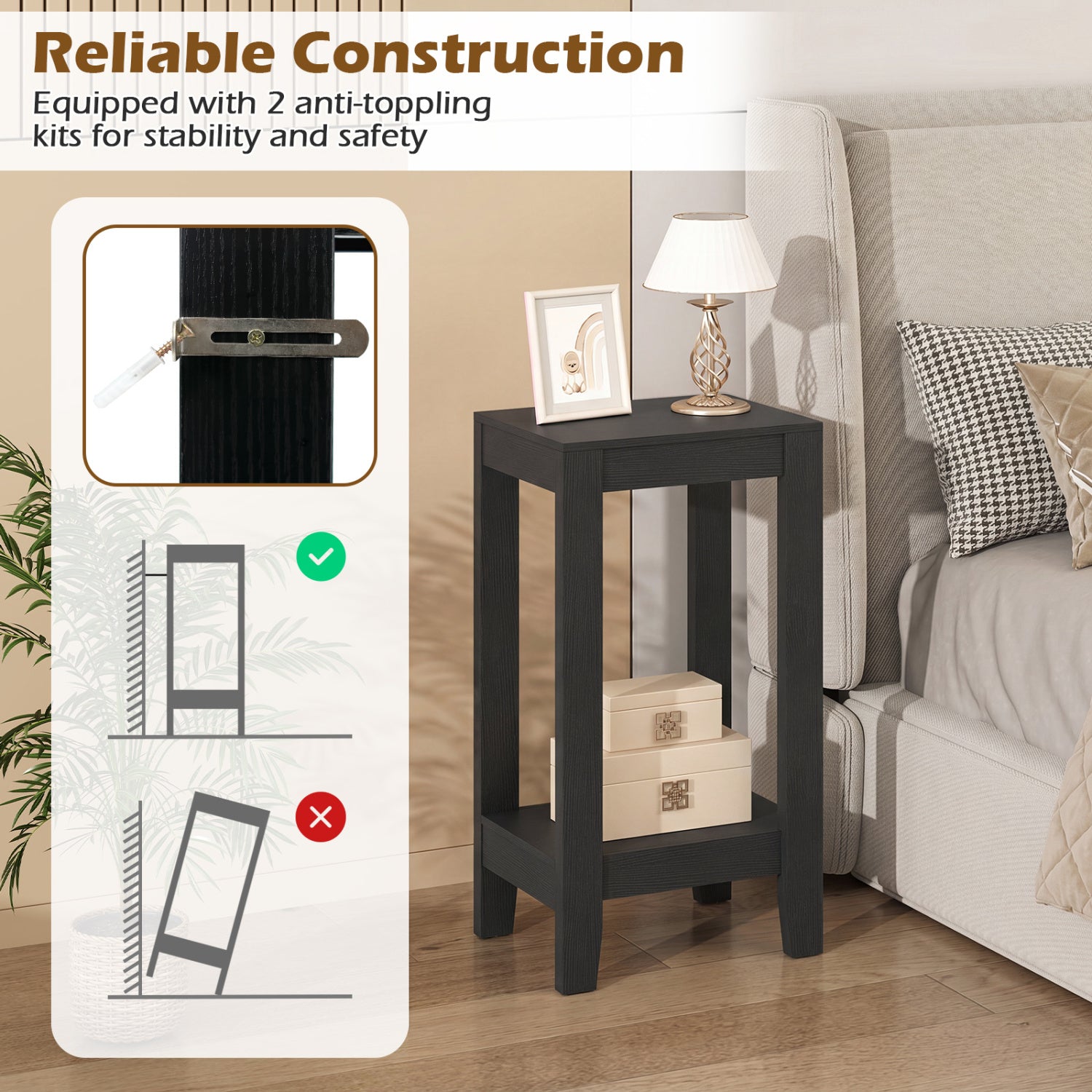 Set of 2 Versatile 2-Tier End Table with Storage Shelf-Black