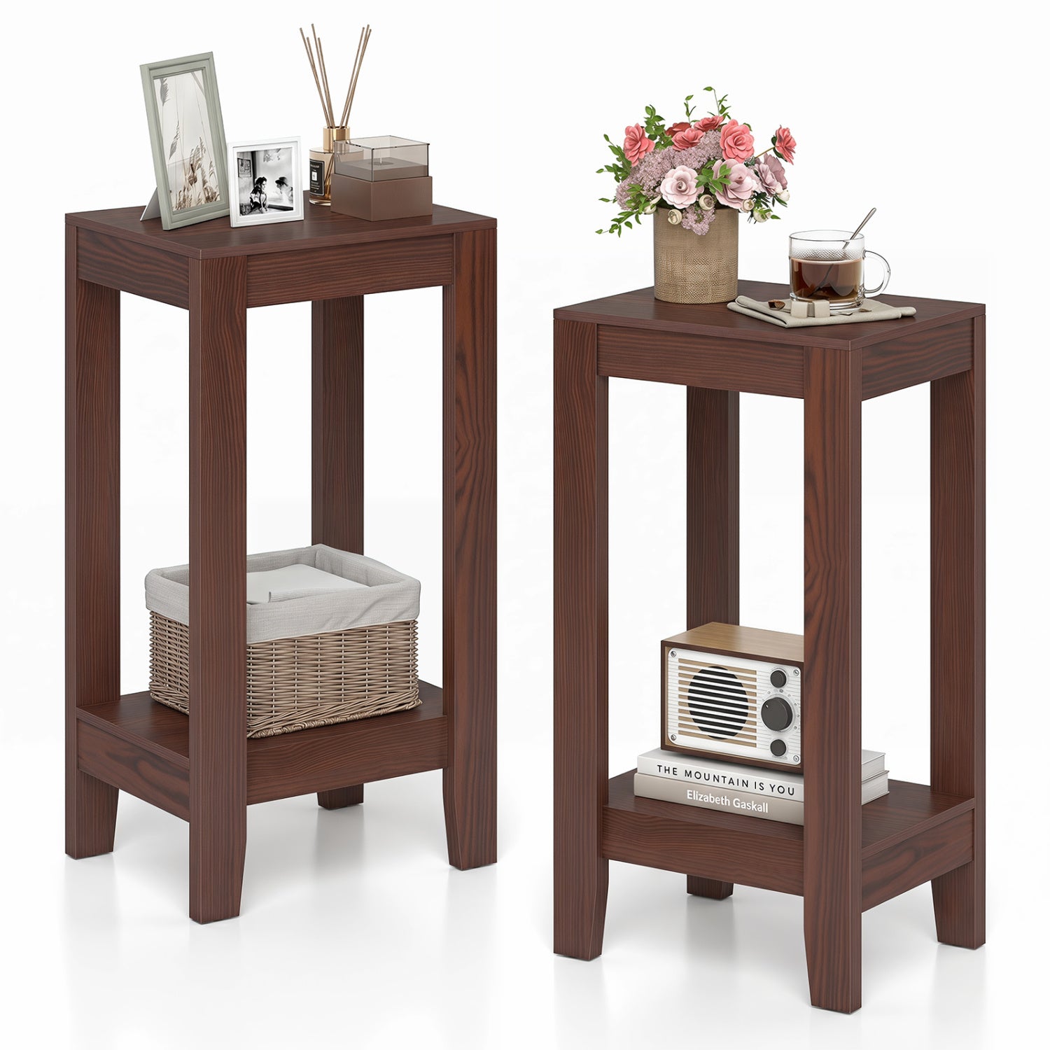 Set of 2 Versatile 2-Tier End Tables with Storage Shelf-Brown