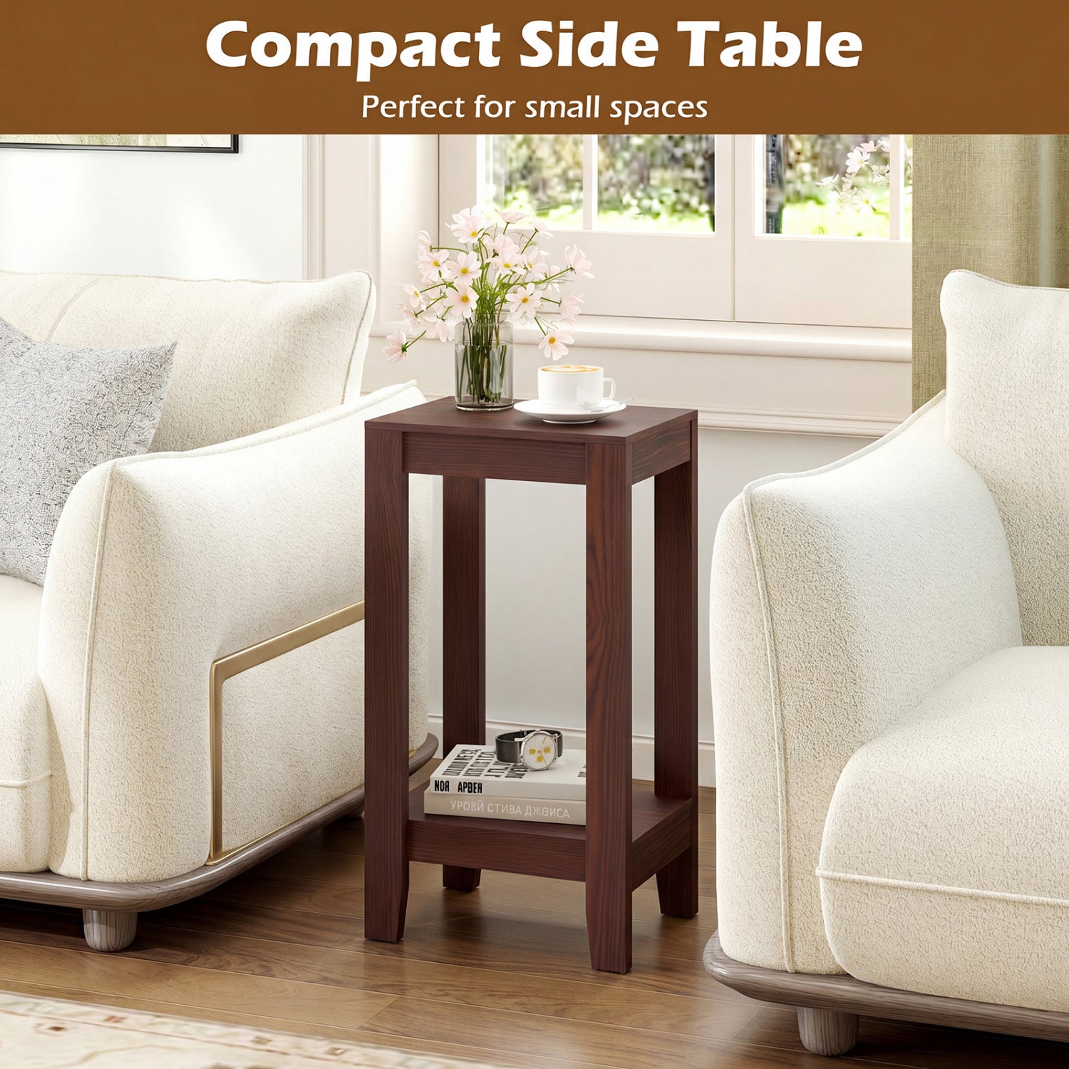 Set of 2 Versatile 2-Tier End Tables with Storage Shelf-Brown