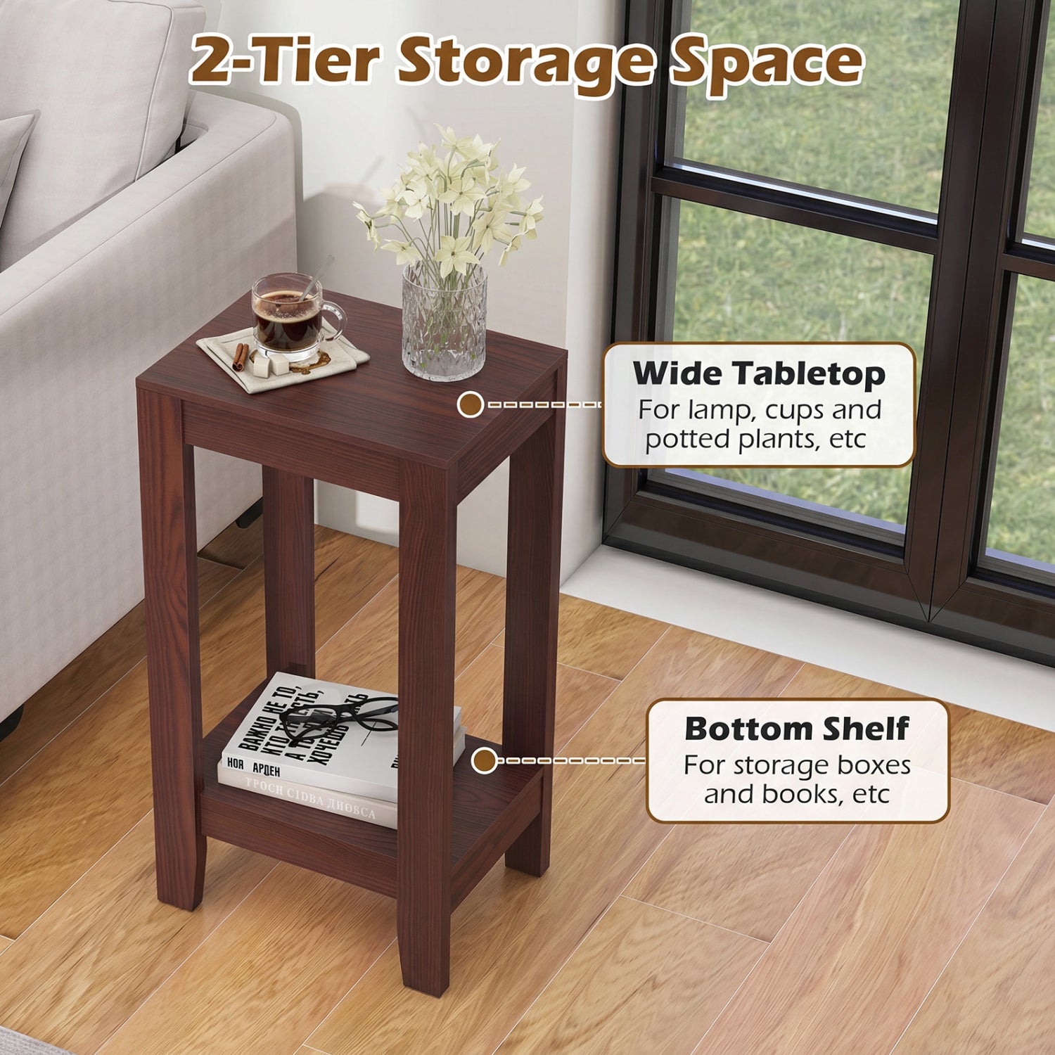Set of 2 Versatile 2-Tier End Tables with Storage Shelf-Brown