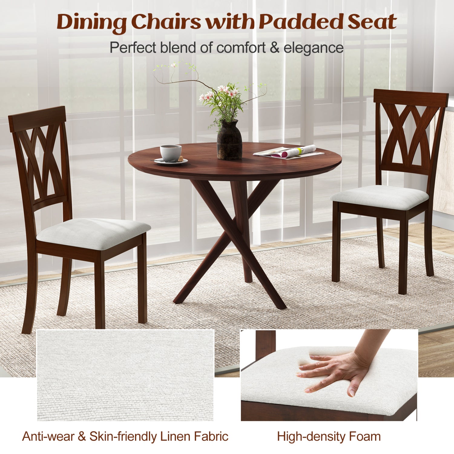 Set of 2 Wood Kitchen Chairs with Faux Leather Upholstered Seat-Beige