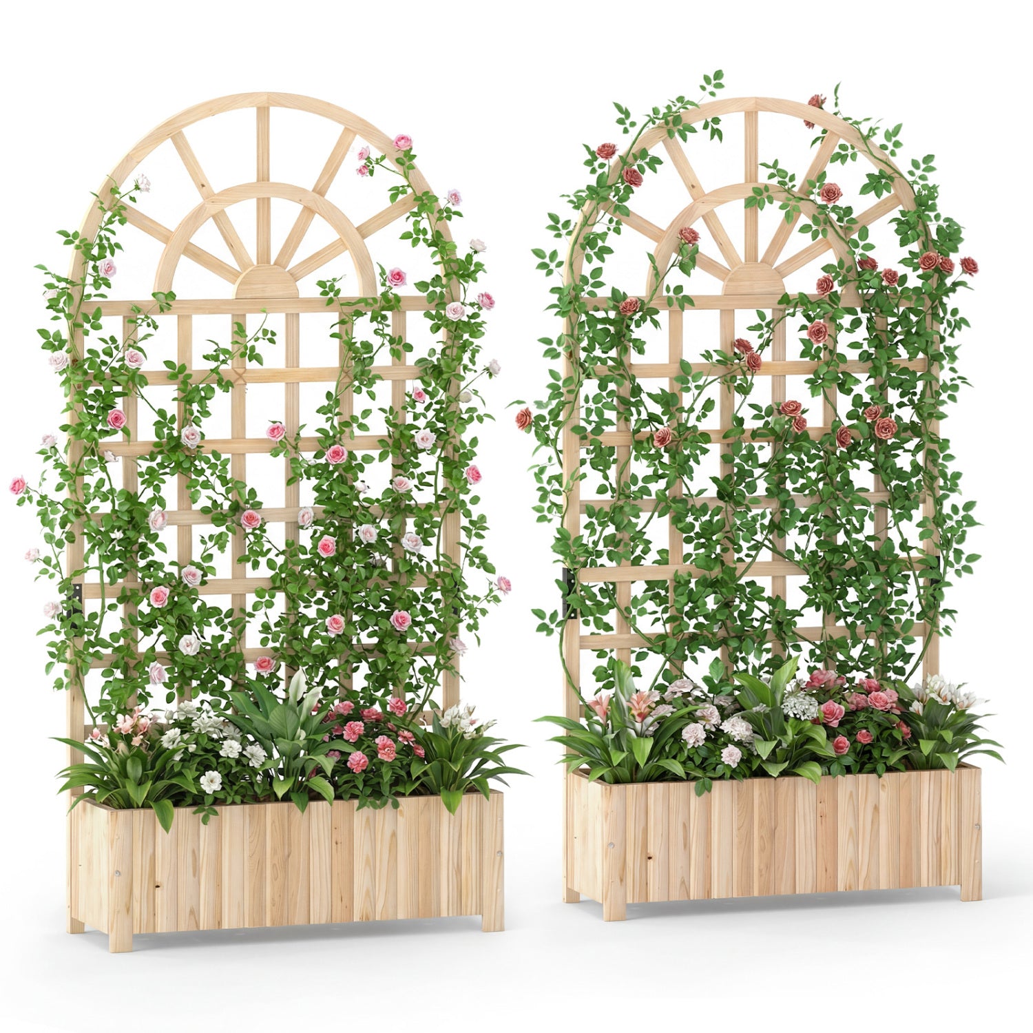 Lot de 2 jardinières surélevées en bois avec treillis 180 cm - Pot de fleurs extérieur - Écran d'intimité - Naturel
