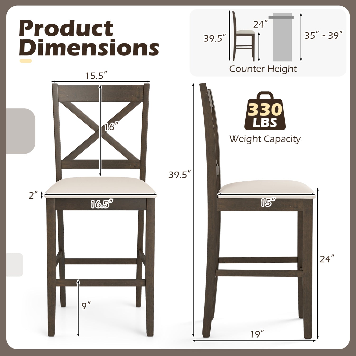 Set of 2 X-Back Bar Stools with Upholstered Cushioned Seats-Brown