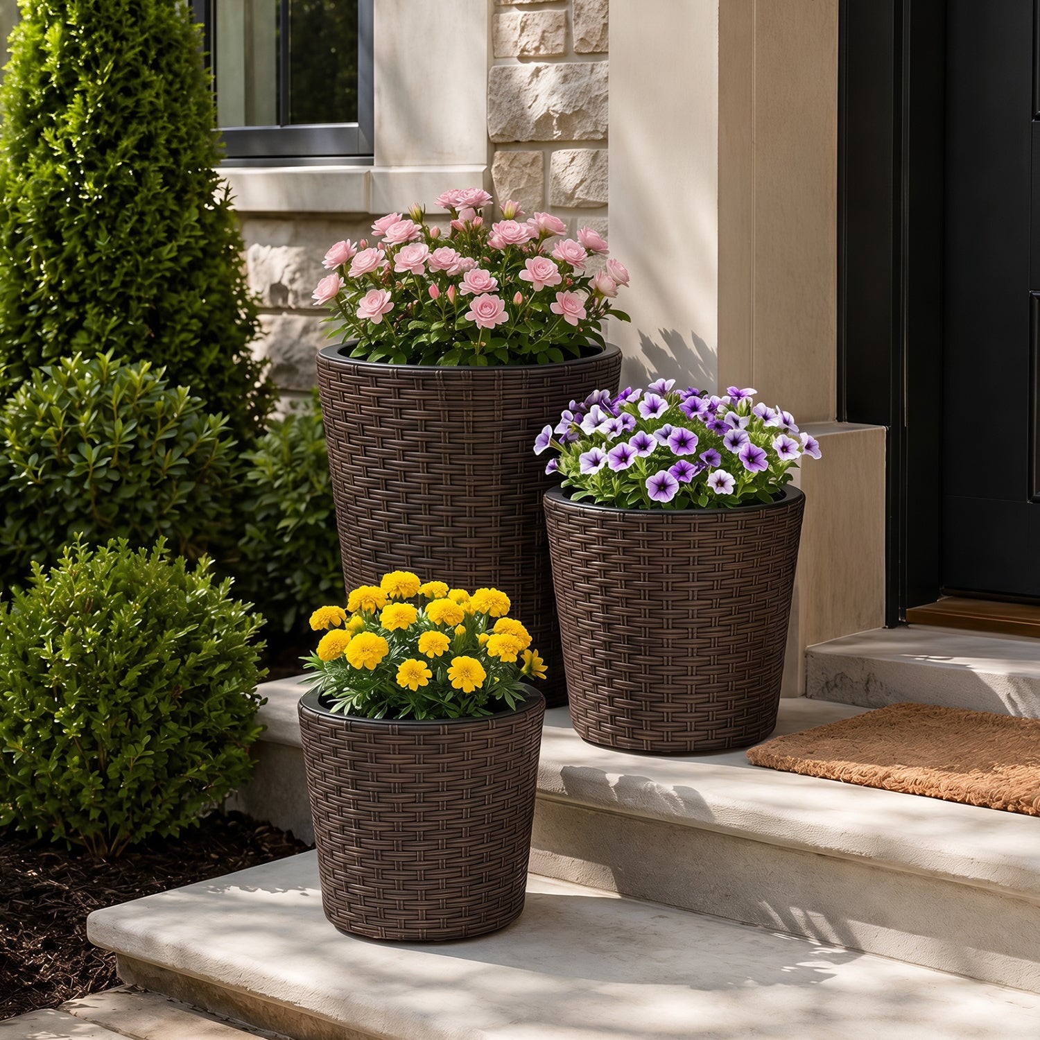 Set of 3 Plastic Planters with Drainage Holes and Saucers for Porch and Garden-Brown