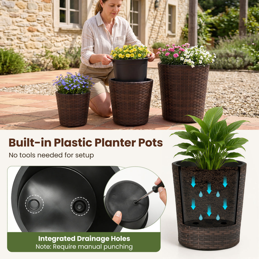 Set of 3 Plastic Planters with Drainage Holes and Saucers for Porch and Garden-Brown