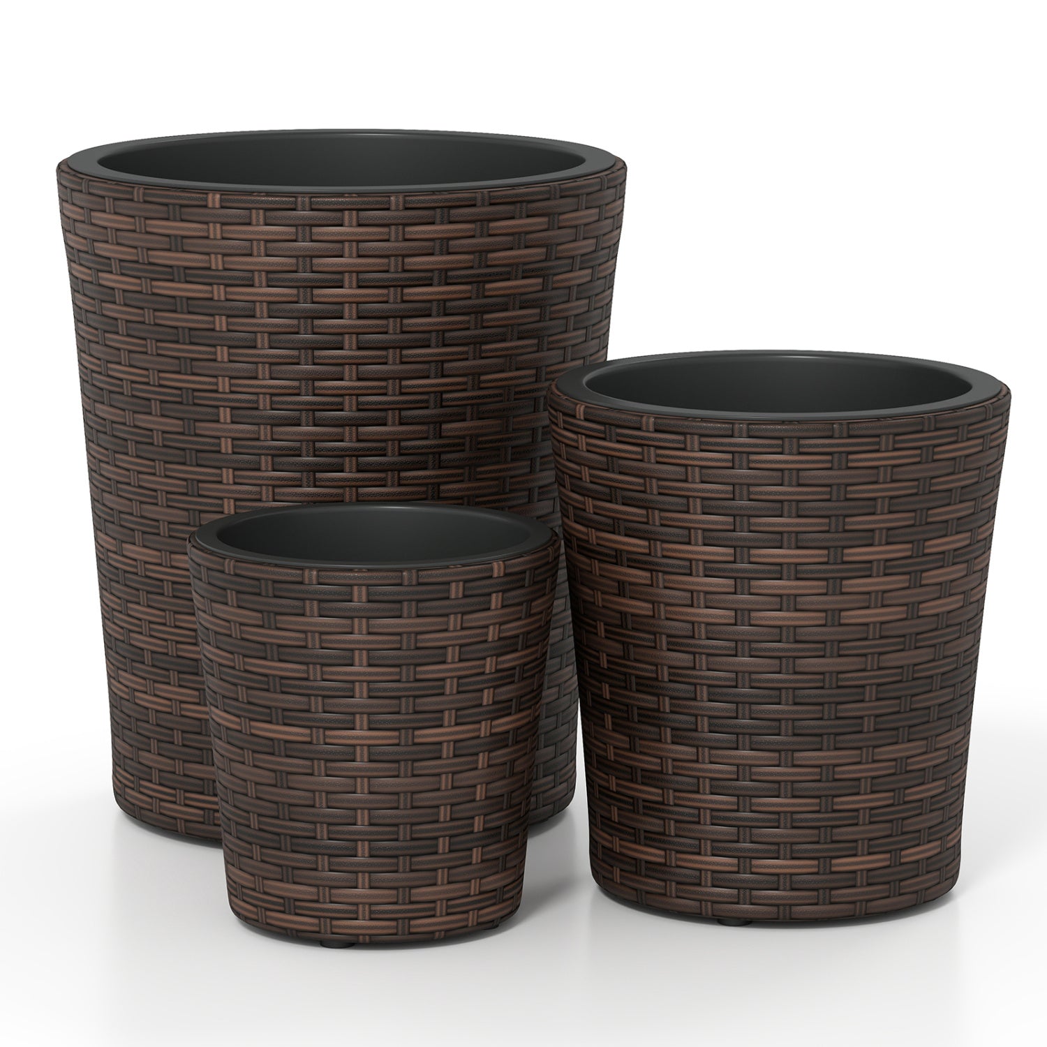 Set of 3 Plastic Planters with Drainage Holes and Saucers for Porch and Garden-Brown