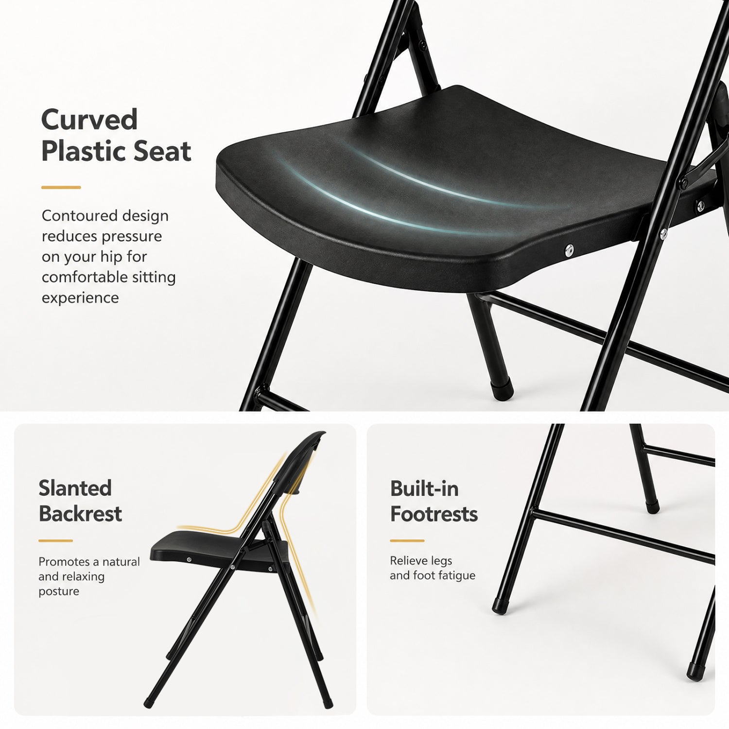 Set of 4 Foldable Plastic Chairs with Ergonomic Backrest-Black