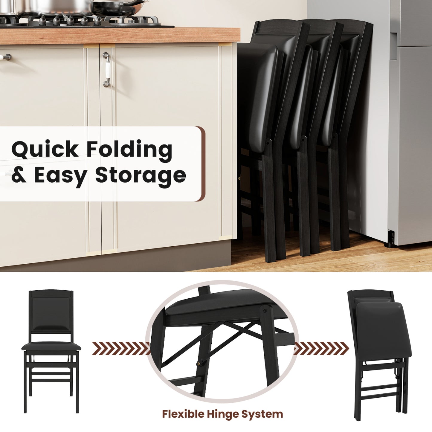 Set of 4 Folding Dining Chairs with Padded Seat and High Backrest-Black
