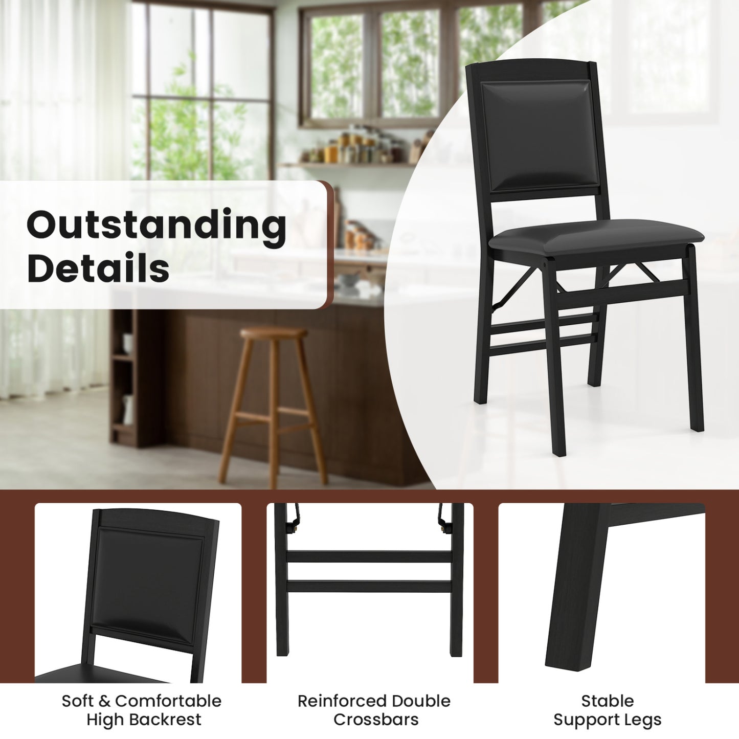 Set of 4 Folding Dining Chairs with Padded Seat and High Backrest-Black
