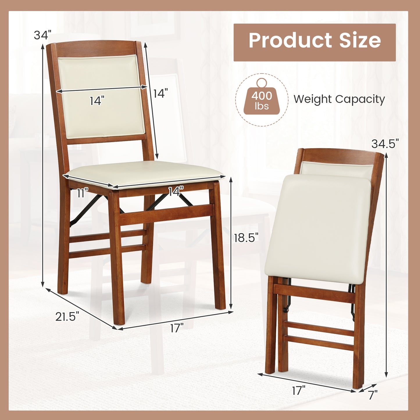 Set of 4 Folding Dining Chairs with Padded Seat and High Backrest-Walnut