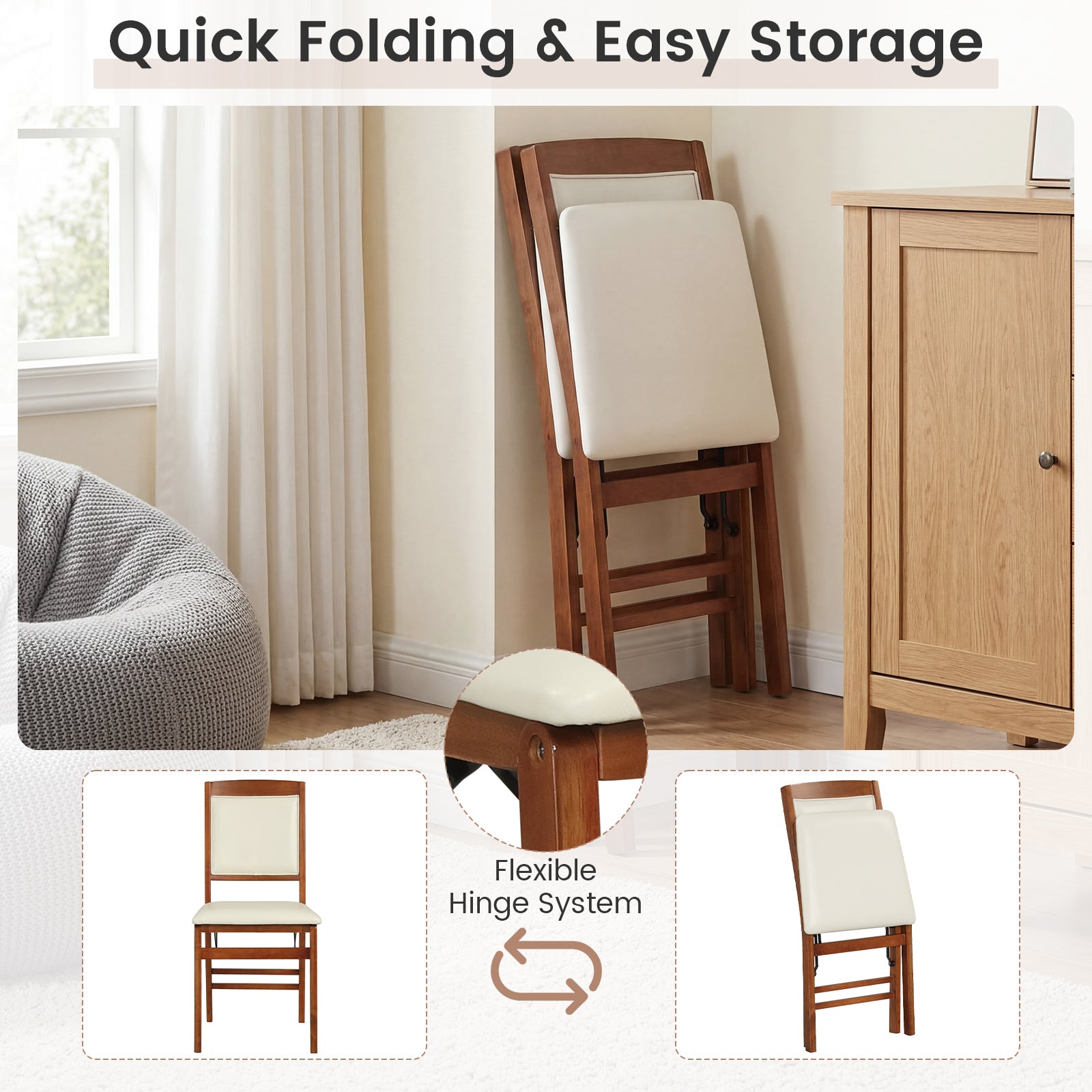 Set of 4 Folding Dining Chairs with Padded Seat and High Backrest-Walnut