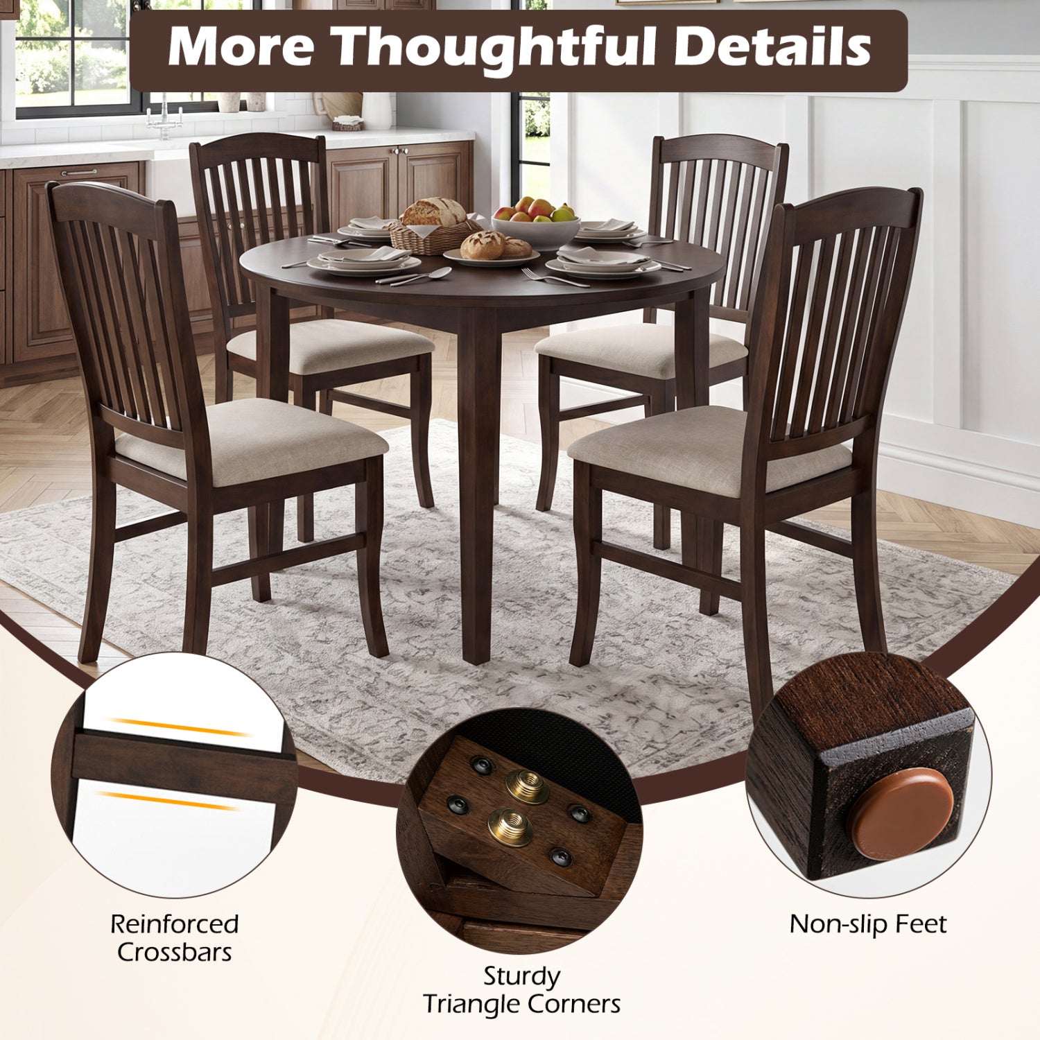 Set of 4 Kitchen Side Chairs with Rubber Wood Frame and Comfy Padded Seat-Brown & White