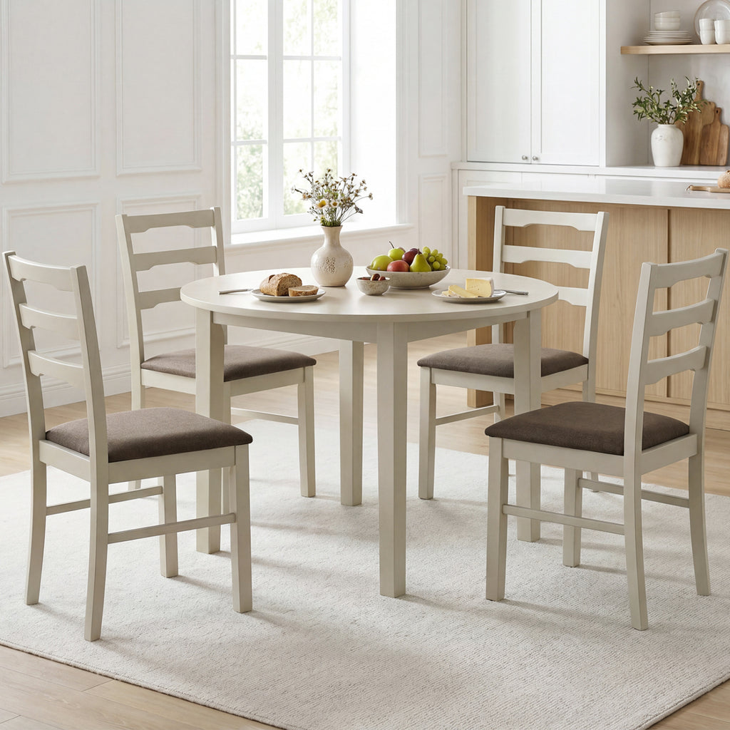 Set of 4 Linen Style Upholstered Dining Chairs with Wood Frames-White