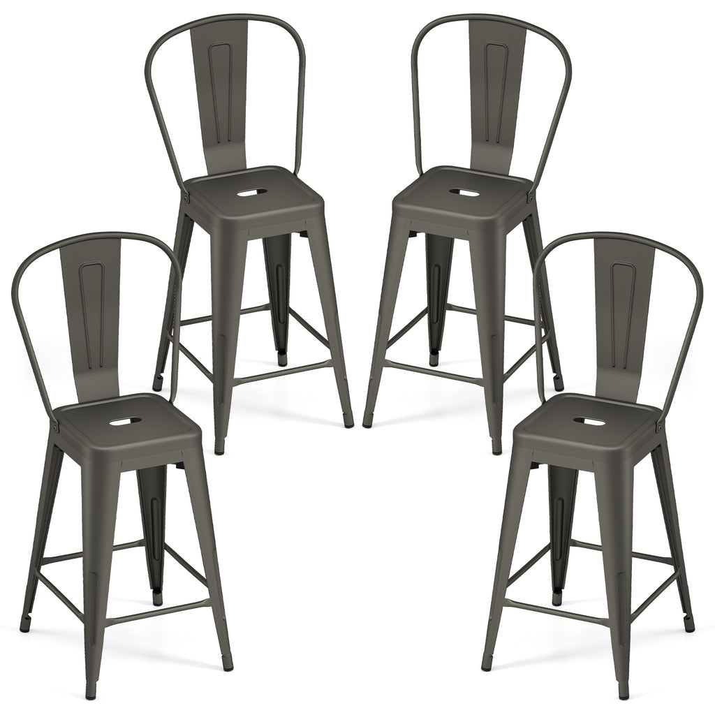 Set of 4 Metal Bar Stools with Backrests and Footrests-Gun Metal