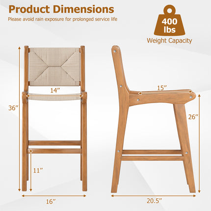 Set of 4 Outdoor Counter Height Bar Stool Woven Paper Rope Patio Barstool with Teak Wood Frame