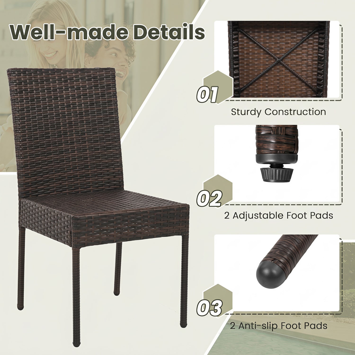 Set of 4 Patio Rattan Wicker Dining Chairs Set with Soft Cushions- Brown