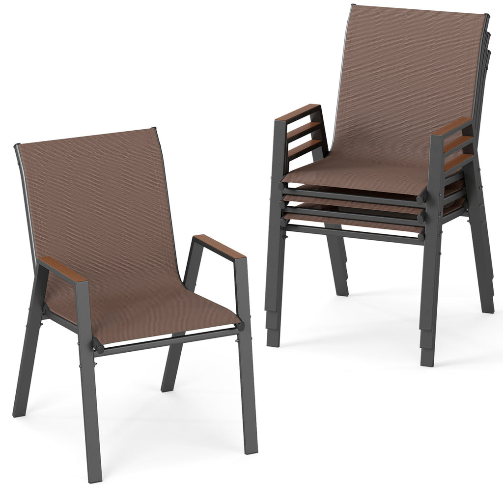 Set of 4 Stackable Patio Chairs with High Backs for Backyard 400 LBS-Brown
