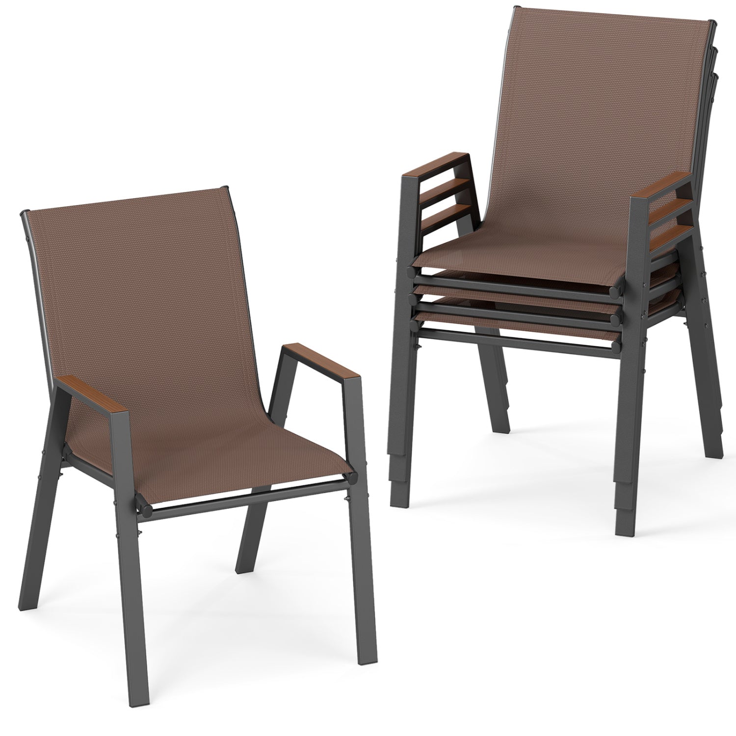Set of 4 Stackable Patio Chairs with High Backs for Backyard 400 LBS-Brown