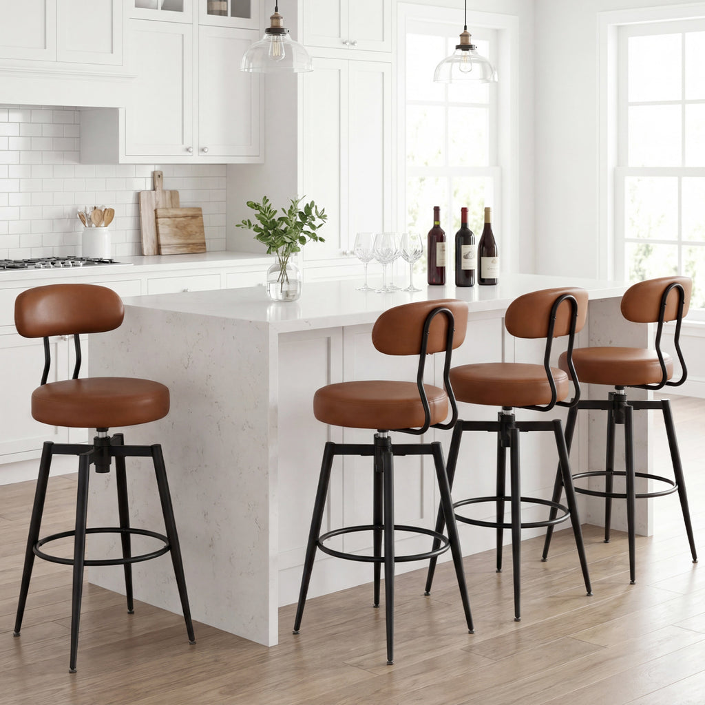 Set of 4 Swivel Barstools Faux Leather with Upholstered Seat and Back-Brown