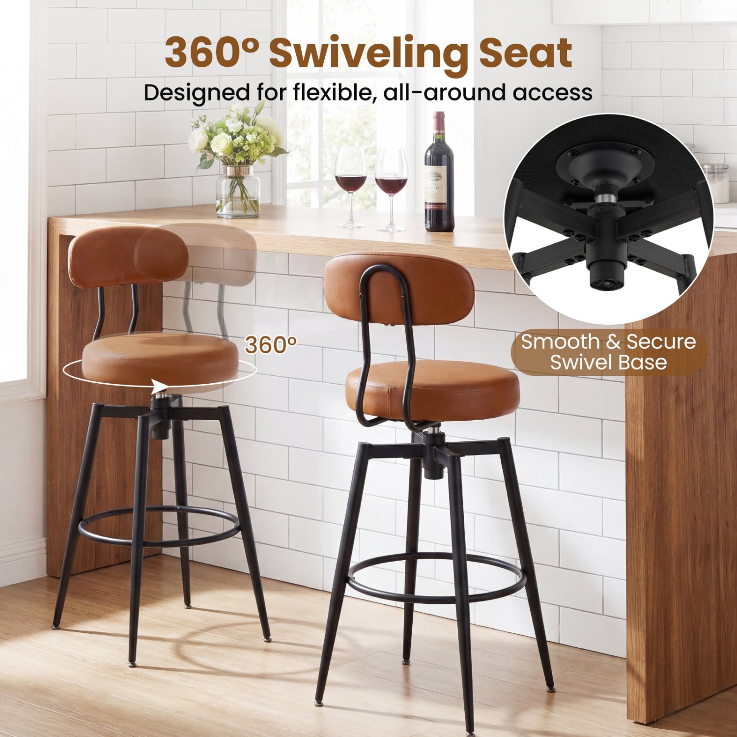 Set of 4 Swivel Barstools Faux Leather with Upholstered Seat and Back-Brown
