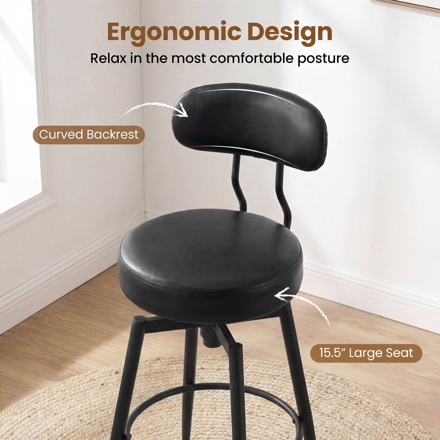 Set of 4 Swivel Barstools Faux Leather with Upholstered Seat and Back-Black