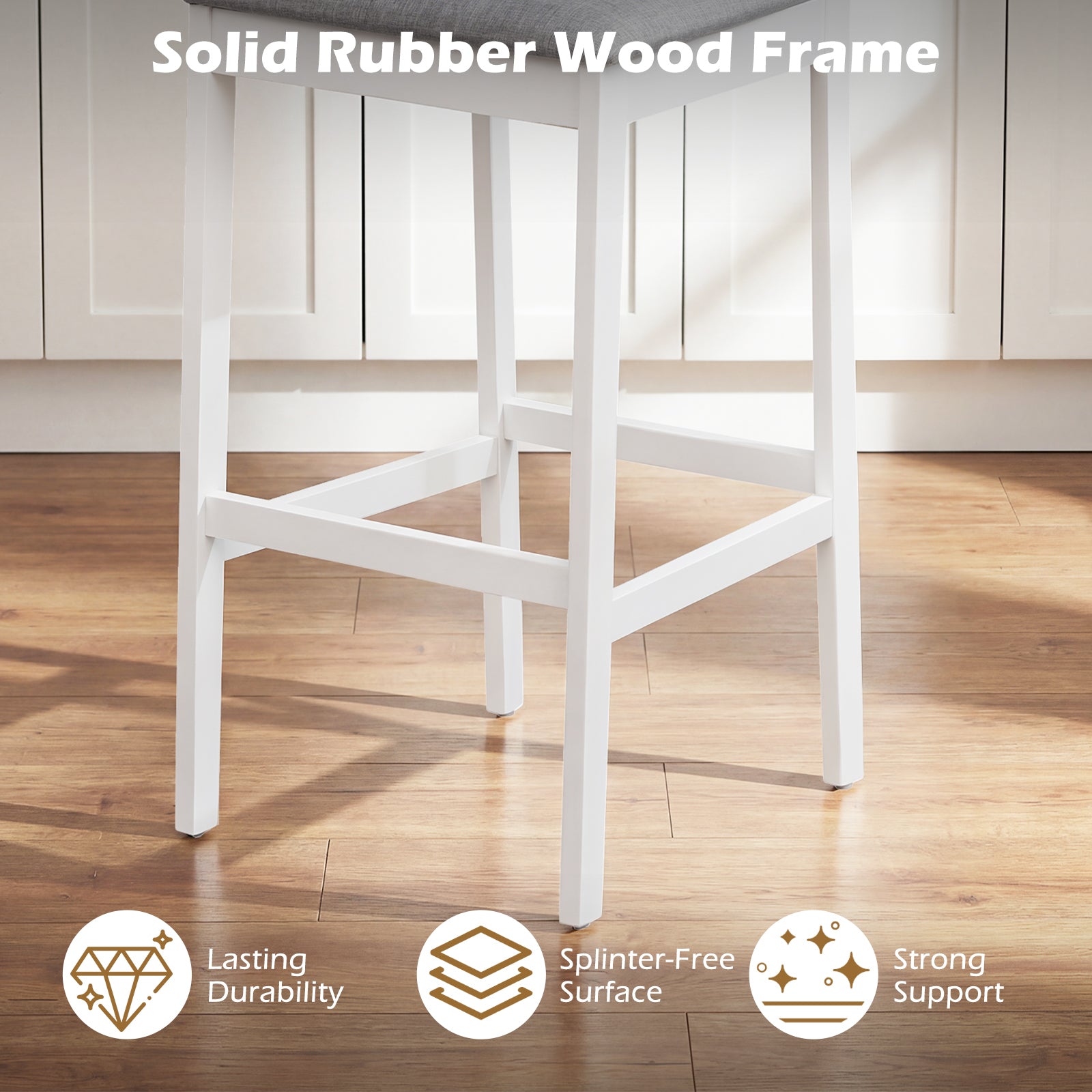 Set of 4 Upholstered Barstool 29.5 Inch Bar Height with Solid Rubber Wood Frame-White