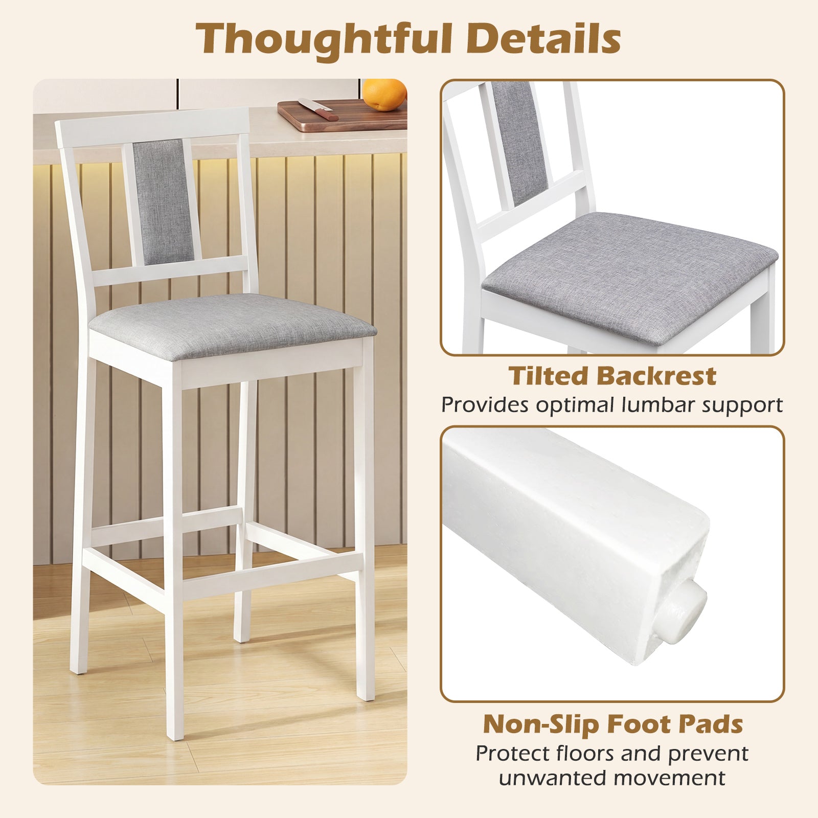 Set of 4 Upholstered Barstool 29.5 Inch Bar Height with Solid Rubber Wood Frame-White