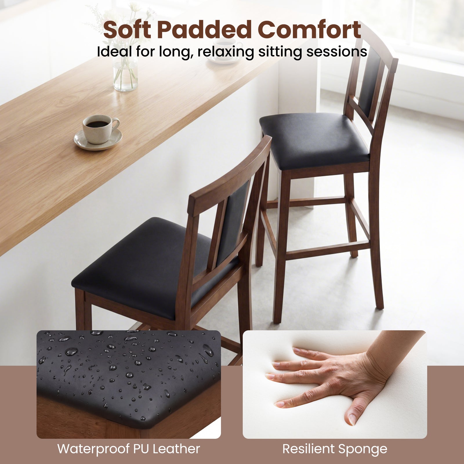 Set of 4 Upholstered Barstool 29.5 Inch Bar Height with Solid Rubber Wood Frame-Walnut
