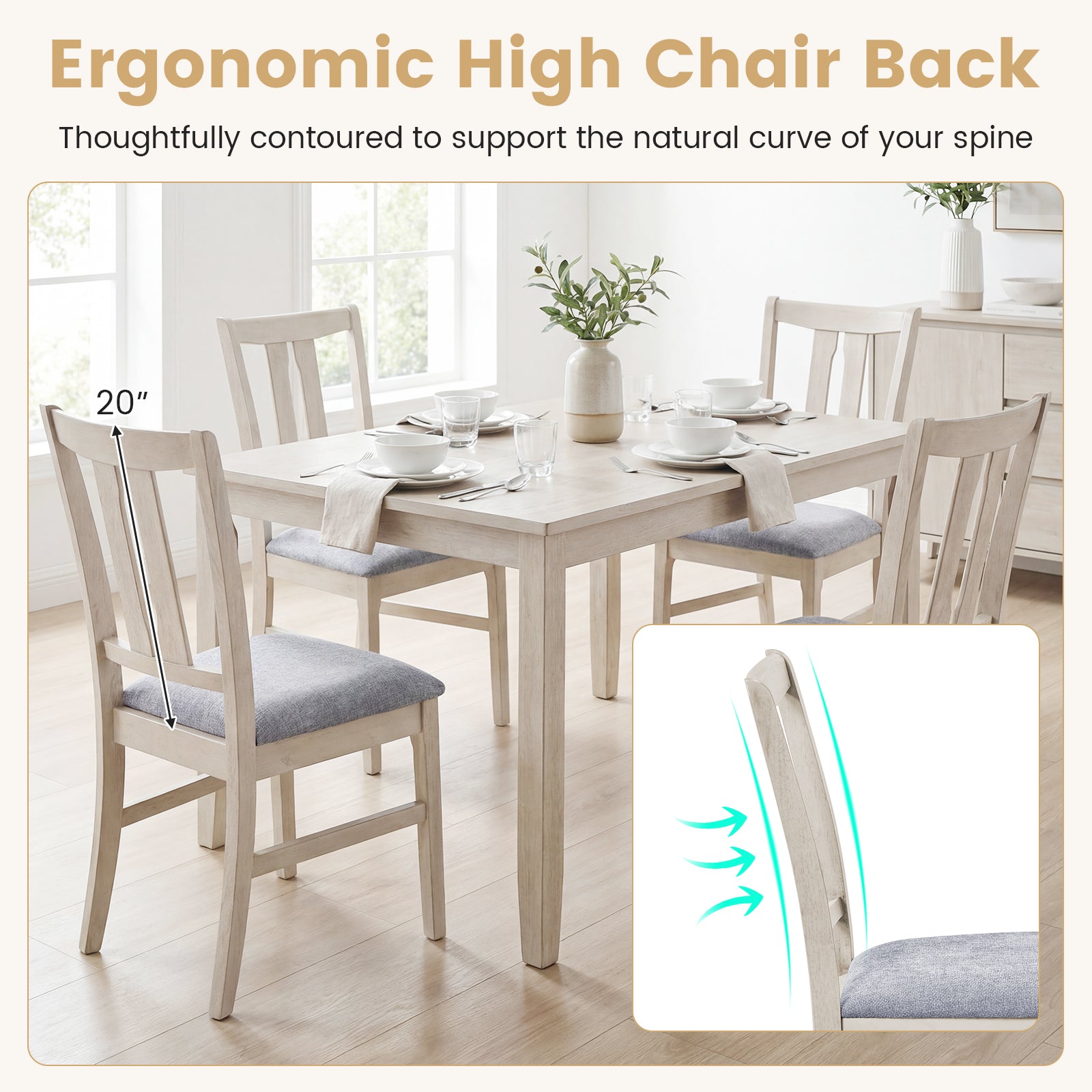 Set of 4 Wooden Upholstered Dining Chairs with High Curved Back-Gray