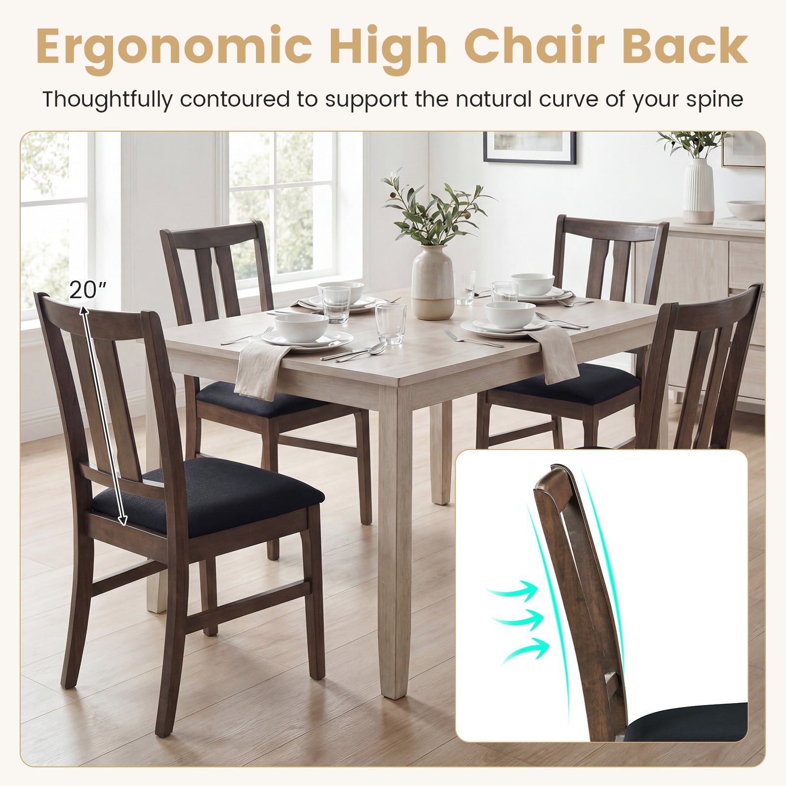 Set of 4 Wooden Upholstered Dining Chairs with High Curved Back-Walnut