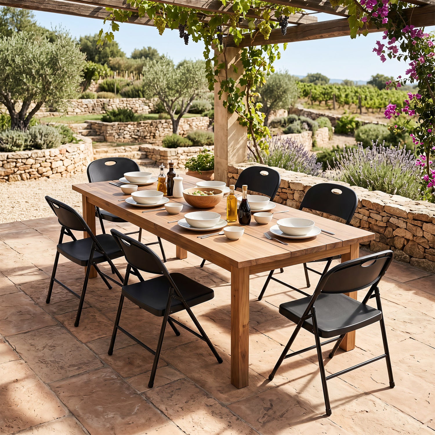 Set of 6 Foldable Plastic Chairs with Ergonomic Backrest-Black