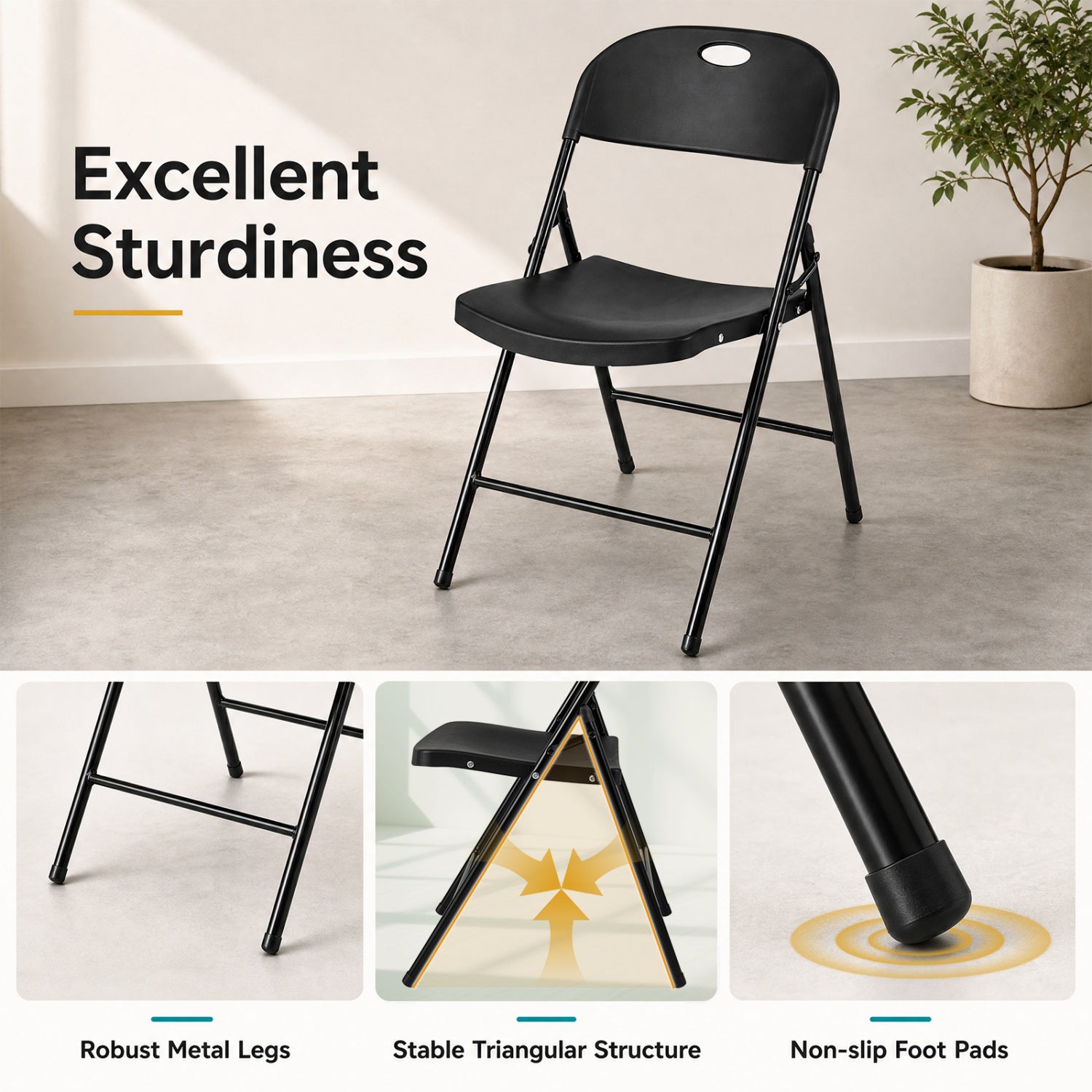 Set of 6 Foldable Plastic Chairs with Ergonomic Backrest-Black